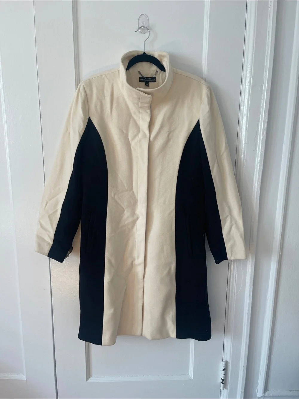 Sofia Cashmere Cashmere and Wool Blend Cream and Black Two-Tone Trench Coat